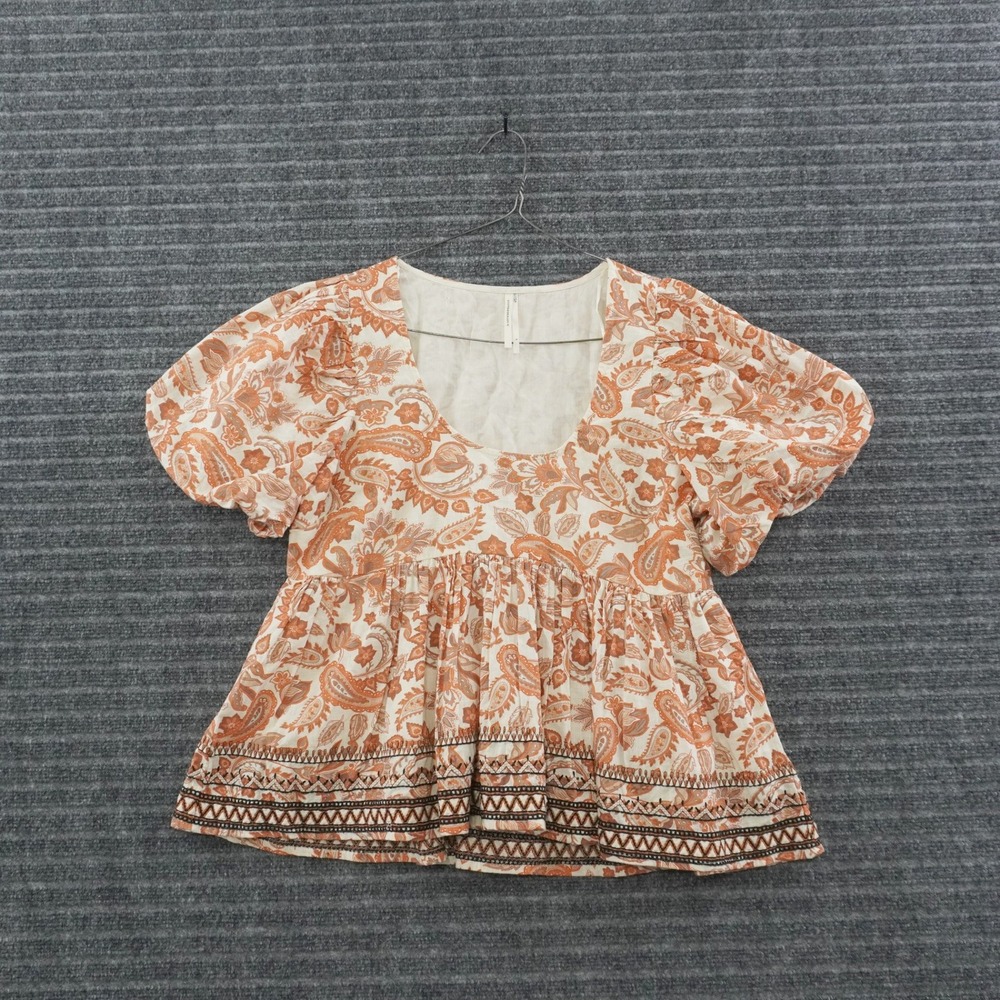 Anthropologie Peplum Top Womens Large Orange Paisley Puff Sleeve Cotton
